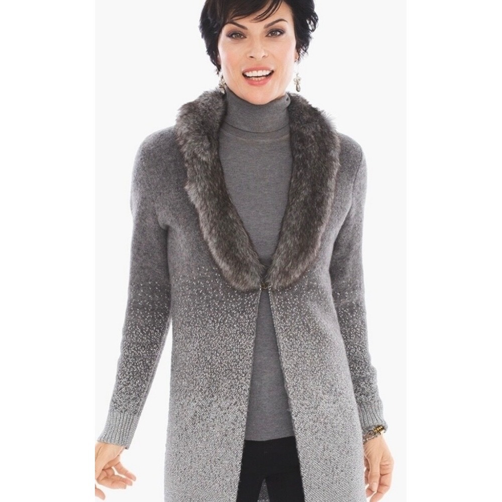 Chicos Grey Ombre Faux Fur Collar Metallic Knit Cardigan Duster Sweater size 2